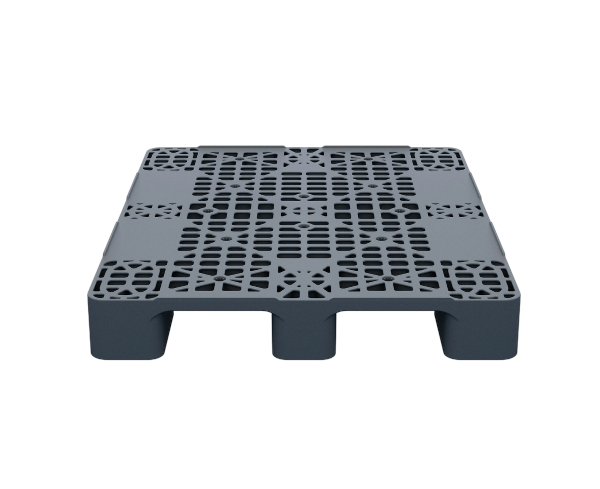 Пластиковый паллет 1200x1000x150 мм многооборотный перфорированный на 3 полозьях с бортиком